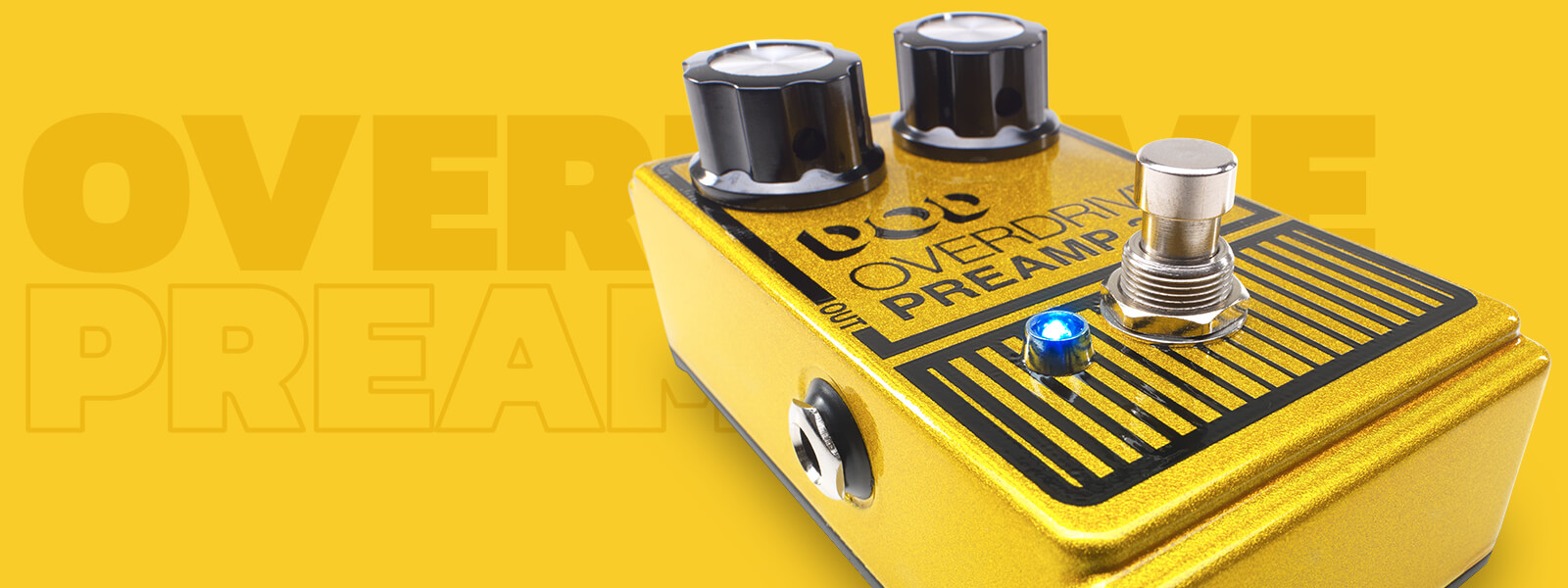 DOD Overdrive Preamp 250 guitar pedal on matching golden yellow background